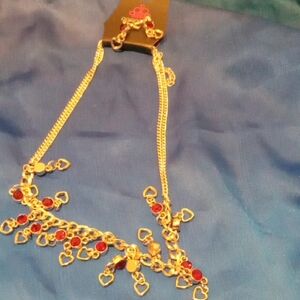 Gold-Tone Heart Charm Necklace with Red Stones - Women Jewelry
